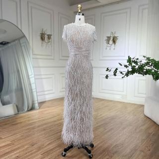 【女神婚紗禮服】優雅飄逸羽毛串珠短袖中長款洋裝宴會晚禮服LA72076A米白色(派對宴會 拉鍊款晚禮服)