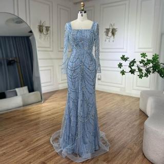 【女神婚紗禮服】高雅奢華歐式復古方領流蘇串珠魚尾洋裝LA72242天使藍(宴會 派對 拉鍊款 高階晚禮服)