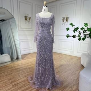 【女神婚紗禮服】高雅奢華歐式復古方領流蘇串珠魚尾洋裝LA72242粉嫩紫(宴會 派對 拉鍊款 高階晚禮服)