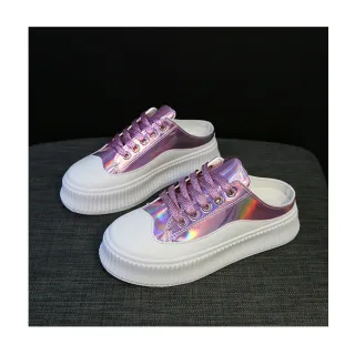 【E&B】厚底拖鞋 包頭拖鞋/鐳射炫彩亮面皮革拼接帆布鞋型厚底包頭拖鞋(粉)