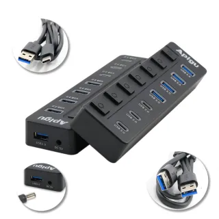 【Apigu】7孔 USB3.0 HUB獨立開關TypeA+TypeC集線器(送Type-A和Type-C連接線 USB電源線)