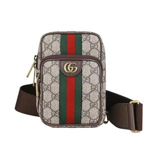 【GUCCI 古馳】GUCCI Ophidia復古金屬雙GLOGO印花設計PVC拼接牛皮拉鍊胸掛包(迷你/米x摩卡棕)