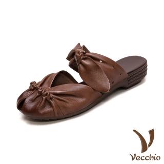 【Vecchio】真皮拖鞋 低跟拖鞋 包頭拖鞋/真皮頭層牛皮皺褶花邊蝴蝶結一字帶設計低跟包頭拖鞋(棕)