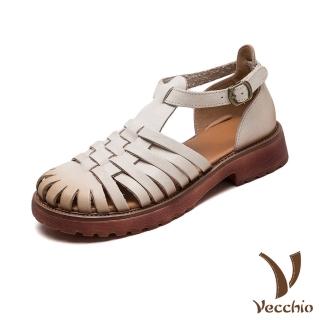【Vecchio】真皮涼鞋 羅馬涼鞋/真皮頭層牛皮豬籠縷空編織復古百搭羅馬涼鞋(杏)