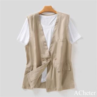 【ACheter】休閒馬甲韓版寬鬆薄款棉麻料馬夾麻短版上衣#122695(白/黑/卡其)