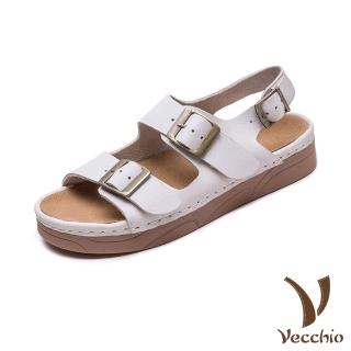 【Vecchio】真皮涼鞋 厚底涼鞋/真皮頭層牛皮經典復古皮帶釦飾舒適厚底涼鞋(杏)