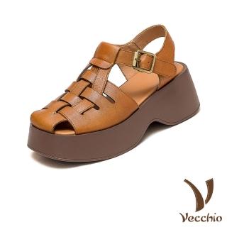 【Vecchio】真皮涼鞋 厚底涼鞋/全真皮頭層牛皮復古編織縷空鬆糕厚底涼鞋(黃)