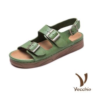 【Vecchio】真皮涼鞋 厚底涼鞋/真皮頭層牛皮經典復古皮帶釦飾舒適厚底涼鞋(綠)
