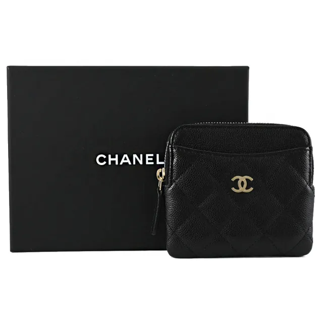 【CHANEL 香奈兒】經典雙C LOGO菱格紋小牛皮信用卡證件名片零錢包(黑)