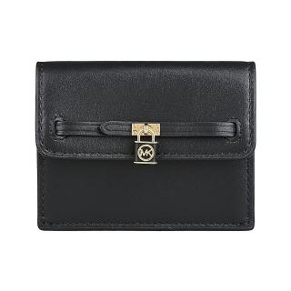 【Michael Kors】MK MICHAEL KORS Hamilton Legacy縮寫LOGO鑰匙鎖頭吊墜牛皮2卡釦式卡片零錢包(黑)