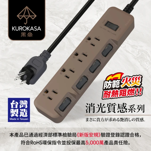 iPlus+ 保護傘 5切4座3P延長線4.5M-黑傘消光拿鐵系列(KU-3546-15-LT)