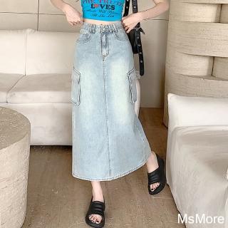 【MsMore】學院風復古藍工裝牛仔裙開叉高腰A字半身裙直筒長裙#122429(藍)