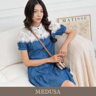 【MEDUSA 曼度莎】現貨-蕾絲拼接牛仔小洋裝（M-XL）｜短洋裝 牛仔洋裝 休閒洋裝(301-72806)