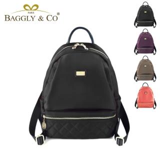 【BAGGLY&CO】多隔層菱格紋真皮尼龍防盜後揹包(黑色/卡其色)