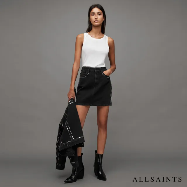 【ALLSAINTS】WINNIE 龐克搖滾鉚釘牛仔短裙 WS002Z(修身版型)