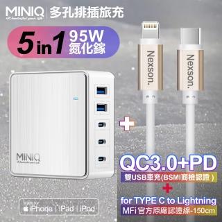 【MiniQ】AC-DK200T氮化鎵五孔2A3C 95W 充電器白+NEXSON 蘋果認證 Type-C to Lightning-金色