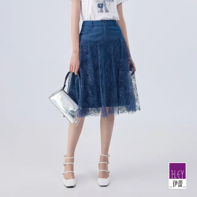 【ILEY 伊蕾】蕾絲拼接網紗感仿牛仔裙(藍色；M-XL；1242538210)