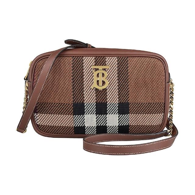 【BURBERRY 巴寶莉】BURBERRY LORA TB金字LOGO拉鍊格紋針織帆布斜背包(小/樺木棕)