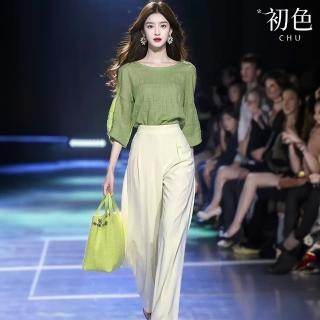 【初色】通勤風棉麻圓領七分長袖T恤上衣女上衣+顯瘦直筒西裝褲休閒褲長褲套裝-綠色-36079(M-2XL可選)