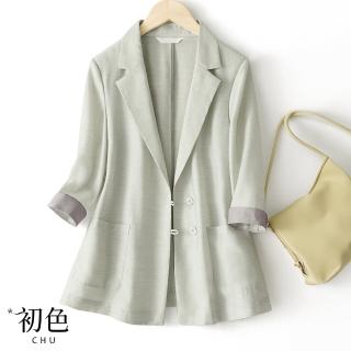 【初色】韓系簡約純色薄款翻領大口袋七分長袖西裝外套外套女外套-共2色-36111(M-3XL可選)