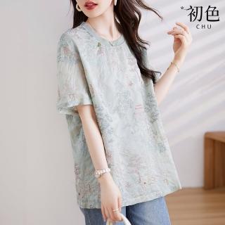 【初色】雪紡印花刺繡撞色輕薄寬鬆落肩袖螺紋圓領短袖T恤上衣女上衣-綠色-36182(M-4XL可選)