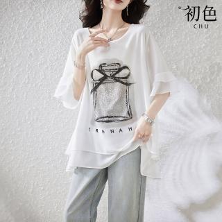 【初色】寬鬆顯瘦香水薄紗荷葉邊圓領五分短袖印花上衣女上衣-共2色-36188(L-4XL可選)