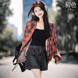 【初色】輕薄防曬格紋翻領長袖單排扣襯衫上衣女上衣-玫紅色-36165(M-XL可選)