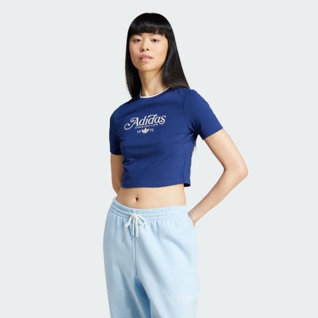 【adidas 愛迪達】上衣 女款 短袖上衣 運動 三葉草 BABY TEE GRX 藍 IX3544