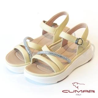 【CUMAR】澎澎線條鑽飾點綴彈力厚底涼鞋(鵝黃)