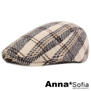 【AnnaSofia】鴨舌帽明星潮帽貝蕾帽狩獵帽報童帽小偷帽-斜線彩格紋 毛呢現貨(杏底系)