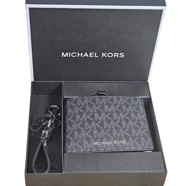 【Michael Kors】MICHAEL KORS 男款 緹花LOGO六卡短夾/鑰匙圈禮盒(贈原廠紙袋紙盒38 婦女節送禮)