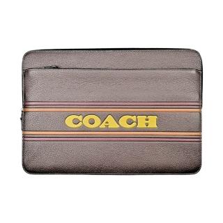 【COACH】荔枝紋皮革黃色字印全皮電腦/iPad收納包(咖啡色)