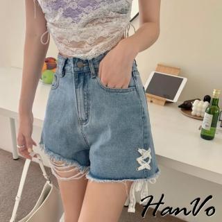 【HanVo】現貨 側邊蕾絲綁帶牛仔短褲(氛圍感甜美高腰闊腿褲 甜辣A字褲 女生衣著 2106)