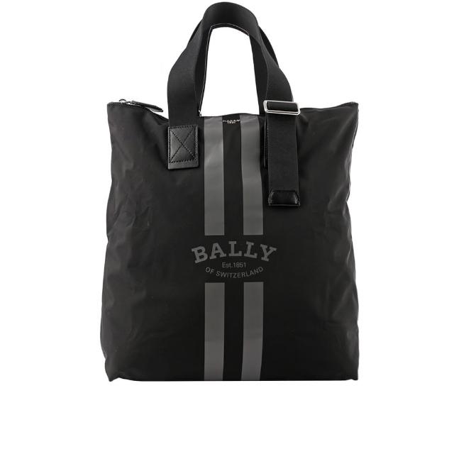 【BALLY】On The Go 條紋尼龍手提/肩背托特包_贈收納袋(黑色)