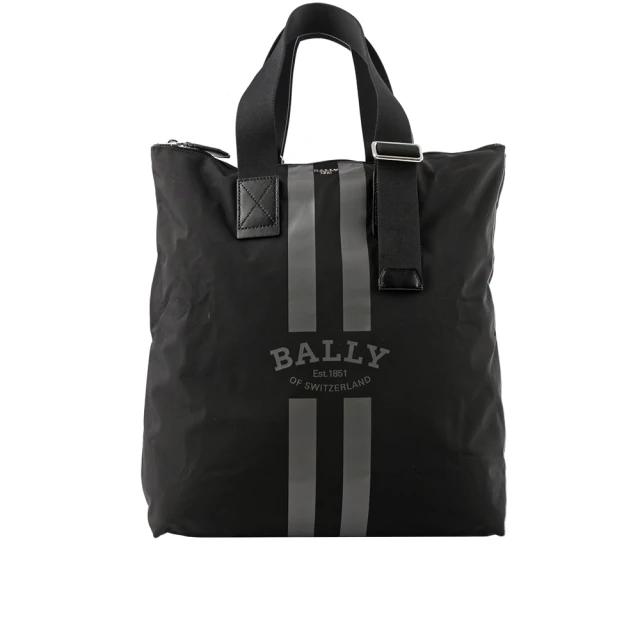 【BALLY】On The Go 條紋尼龍手提/肩背托特包_贈收納袋(黑色)