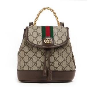 【GUCCI 古馳】795221 經典Ophidia綠紅綠GG Supreme帆布迷你手提後揹包(棕色)