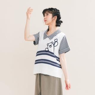 【Dailo】熊熊打招呼學院風寬條無袖針織背心(白 駝/魅力商品)