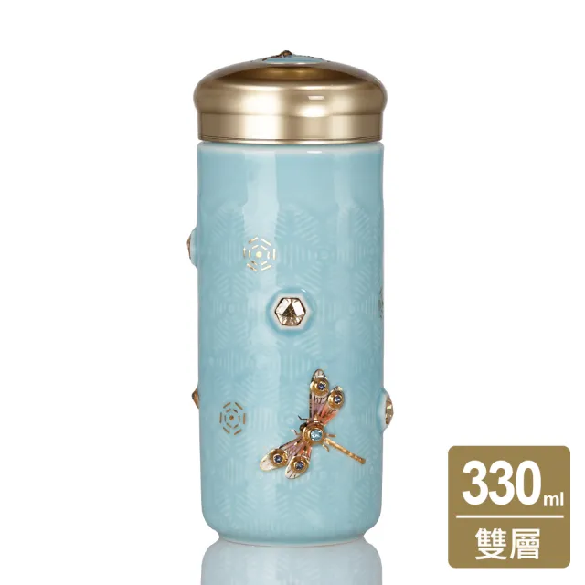 【乾唐軒】吉星蜻投意合陶瓷隨身杯 330ml(大 / 雙層 / 彩金+水晶 / 2色)