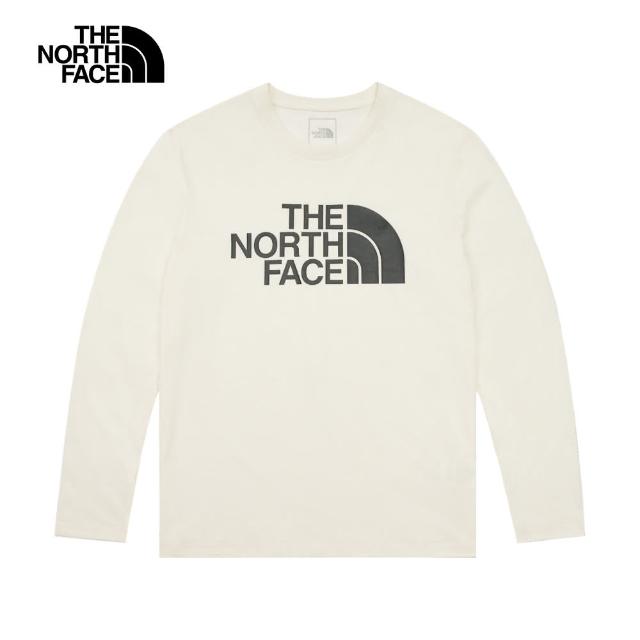 【The North Face 官方旗艦】北面女款米白色吸濕排汗品牌LOGO長袖T恤｜8AKUQLI(排汗衫)