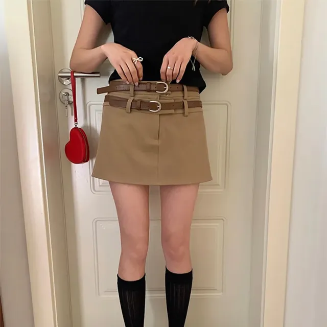 【SeasonsBikini】miu風低腰雙褲頭短裙 -506(顯瘦短裙A字裙)