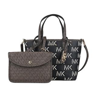 【Michael Kors】MK MICHAEL KORS經典LOGO縮寫字母聚酯纖維手提斜背子母包(迷你/黑x深褐)