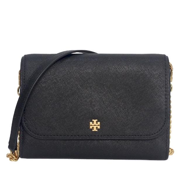 【TORY BURCH】經典雙T金屬LOGO防刮皮革吸釦斜背包(黑色)