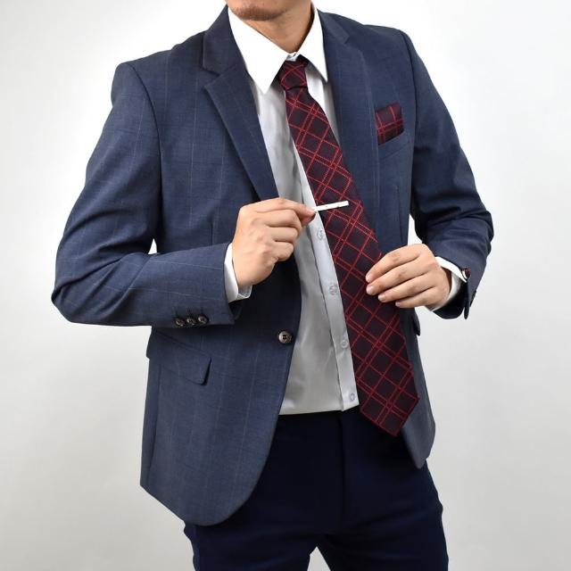 【men life】紅色菱格紋 西裝配件四件組(袖扣領帶組)