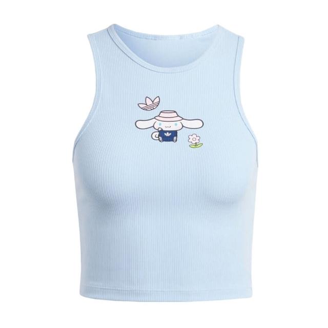 【adidas 愛迪達】Tank Top C 女 短版 背心 HELLO KITTY 大耳狗 休閒 修身 淺藍(JG8052)