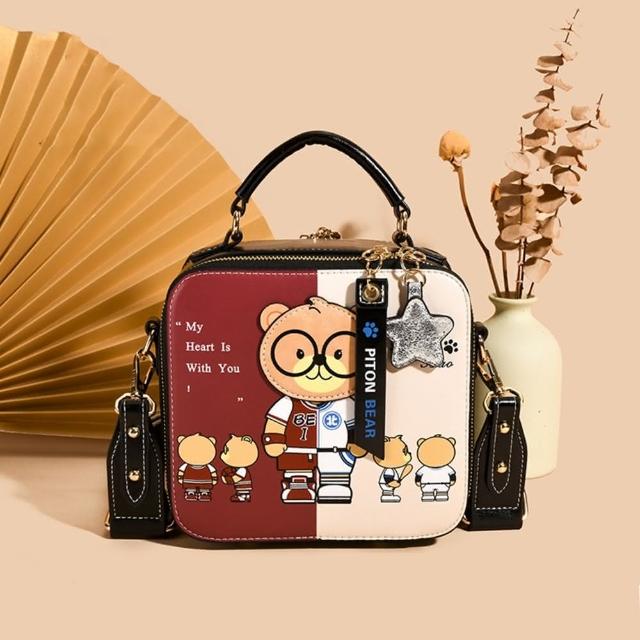 【巴黎精品】現貨+預購 側背包皮革肩背包托特包帆布包波士頓包隨身女包包(手提撞色小熊印花a1ev20)