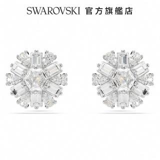 【SWAROVSKI 施華洛世奇】Idyllia 耳釘 混合式切割 雪花 白色 鍍白金色(情人節禮物)