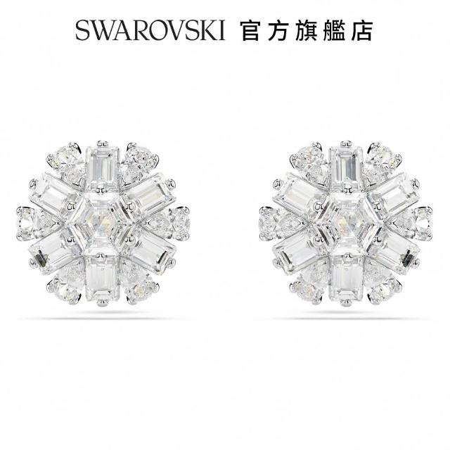 【SWAROVSKI 施華洛世奇】Idyllia 耳釘 混合式切割 雪花 白色 鍍白金色(情人節禮物)