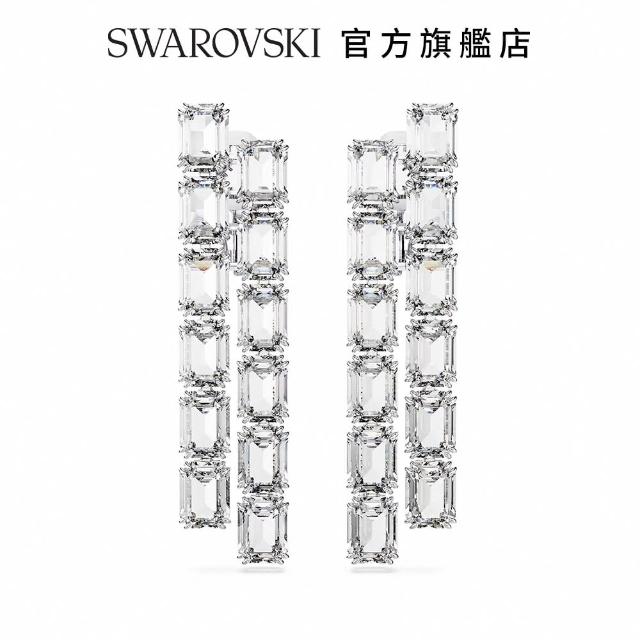 【SWAROVSKI 官方直營】Millenia 夾式耳環 八角形切割 長款 白色 鍍白金色 交換禮物(情人節禮物)