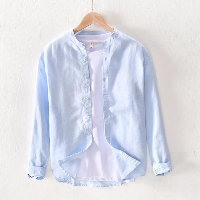 【巴黎精品】現貨+預購 襯衫長袖上衣(棉麻立領休閒寬鬆男裝5色a1et37)