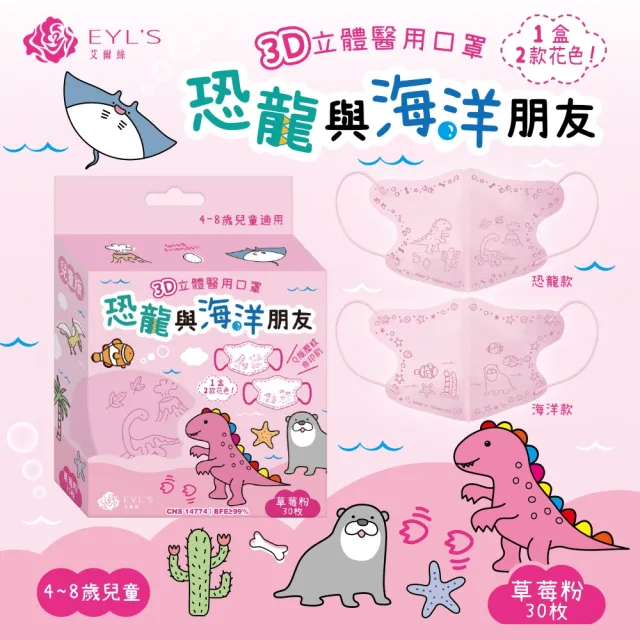 【艾爾絲】兒童3D立體醫用口罩30入/盒(恐龍與海洋朋友 兒童最愛 4色可選)